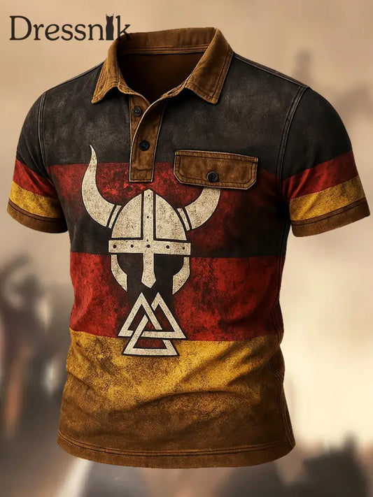 Herren Retro Deutschland Flagge Viking bedruckt Vintage Textur V-Ausschnitt kurze Ärmel Polo-Shirt A / S