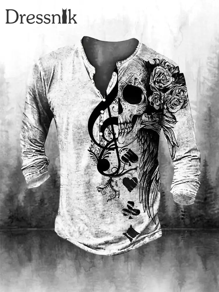 Herren Retro Digital Skull Print Sieben Knopf Langarm Top A / S