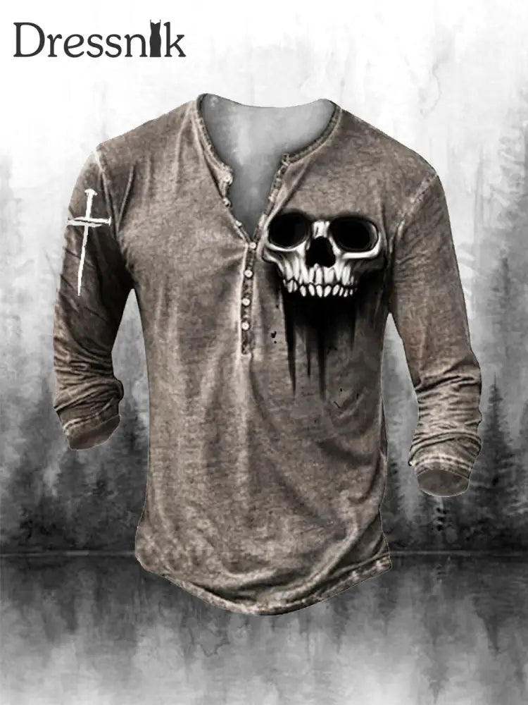 Herren Retro Digital Skull Print Sieben Knopf Langarm Top B / S