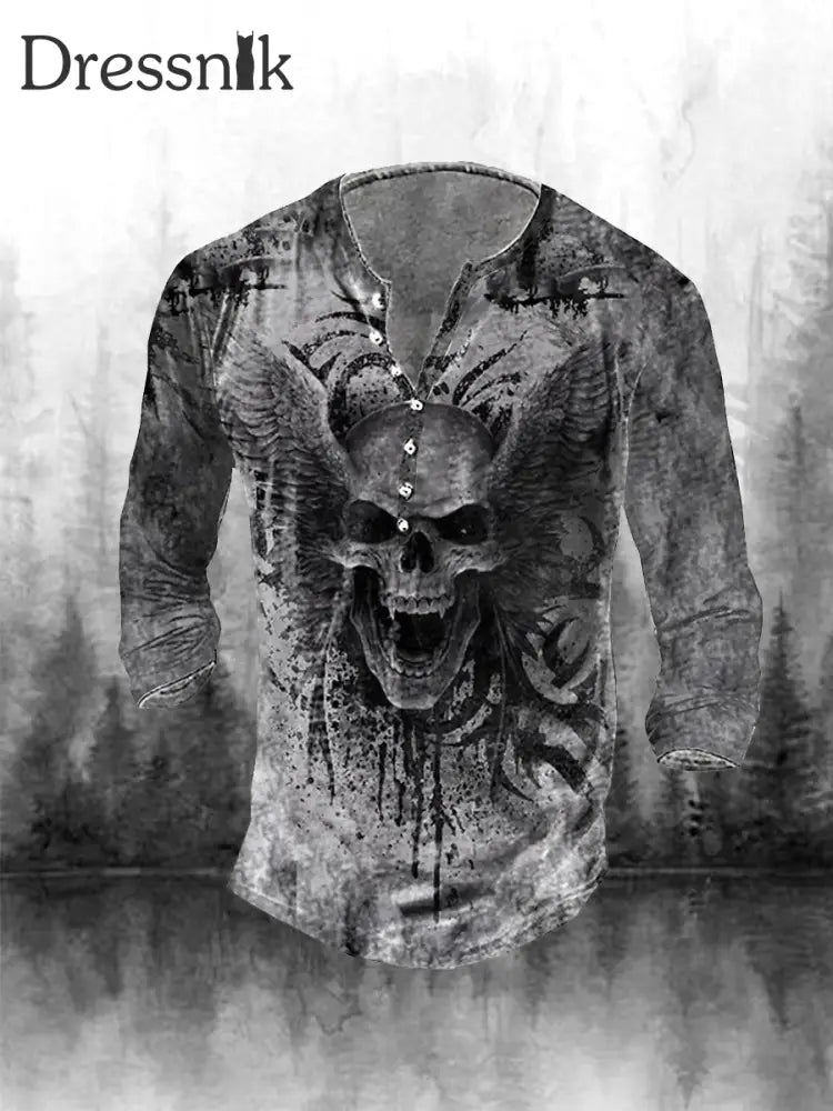 Herren Retro Digital Skull Print Sieben Knopf Langarm Top D / S