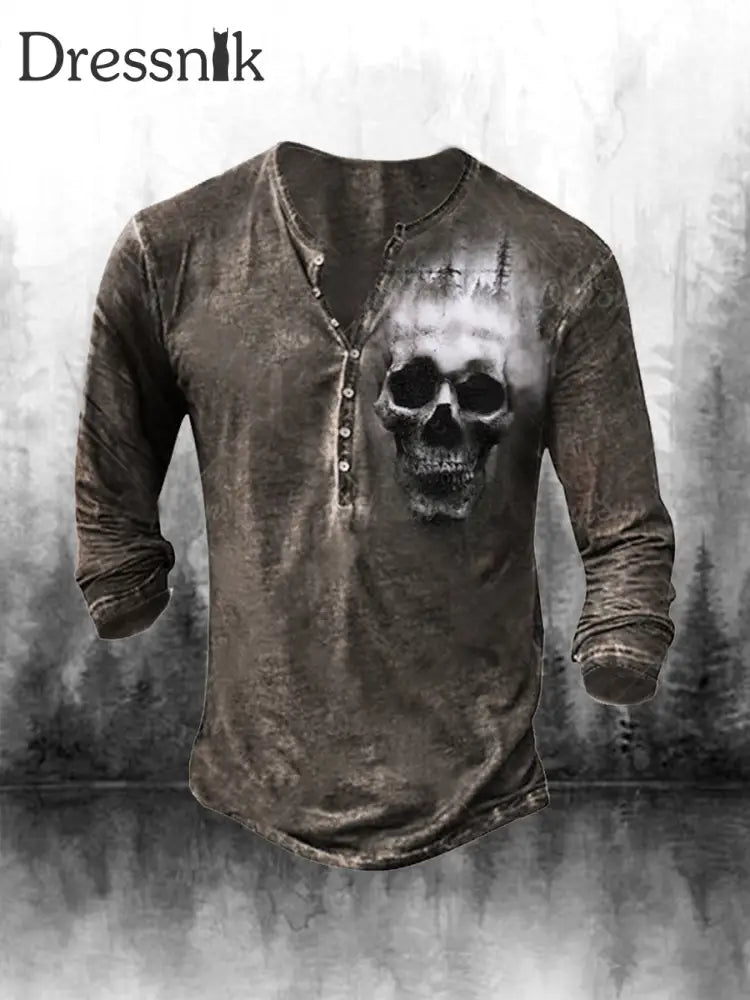 Herren Retro Digital Skull Print Sieben Knopf Langarm Top E / S