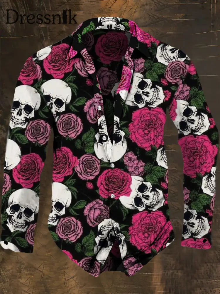 Herren-Retro-Dunkel-Stil-Schädel-Und Rosen Druck-Langarm-Hemd S