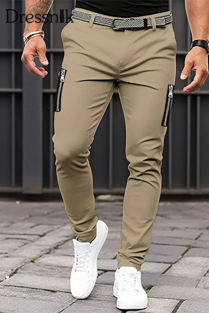 Herren Retro Einfarbig Reiß Verschluss Tasche Freizeit Hose Khaki / S