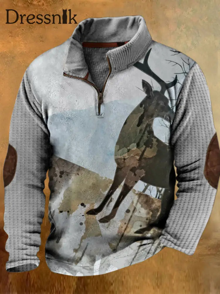 Herren Retro Elch Geometrie Graffiti Bedrucktes Ständer Kragen Knopf Bündig Outdoor Sweatshirt A / S