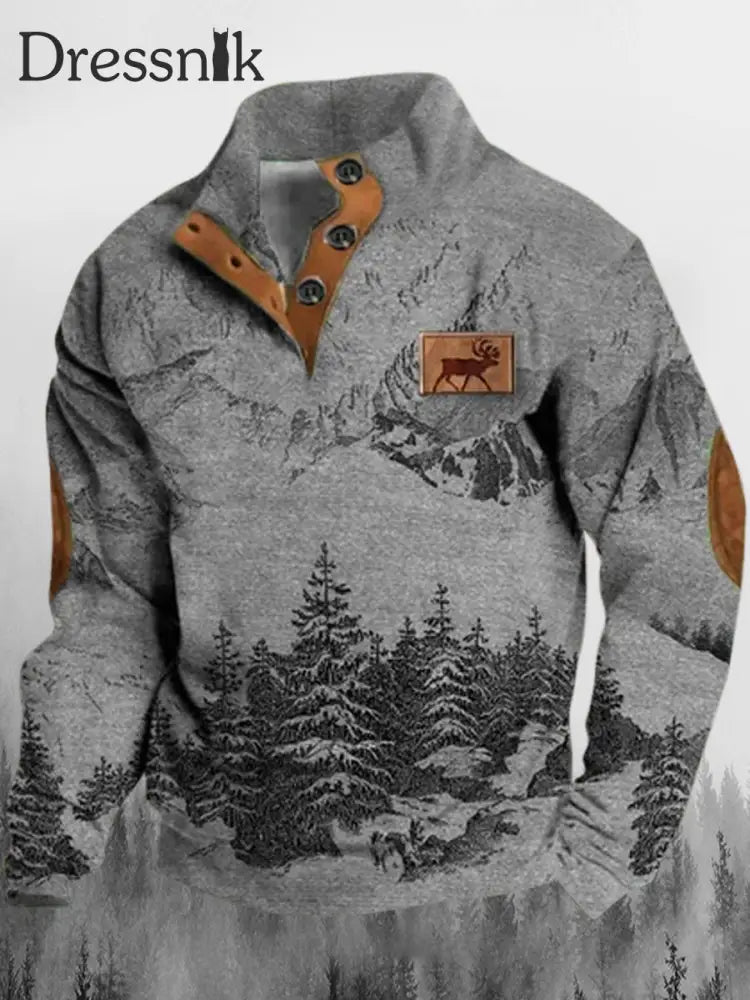 Herren Retro Elch Mountains Bedrucktes Stehkragen-Knopf Bündig Outdoor-Sweatshirt A / S