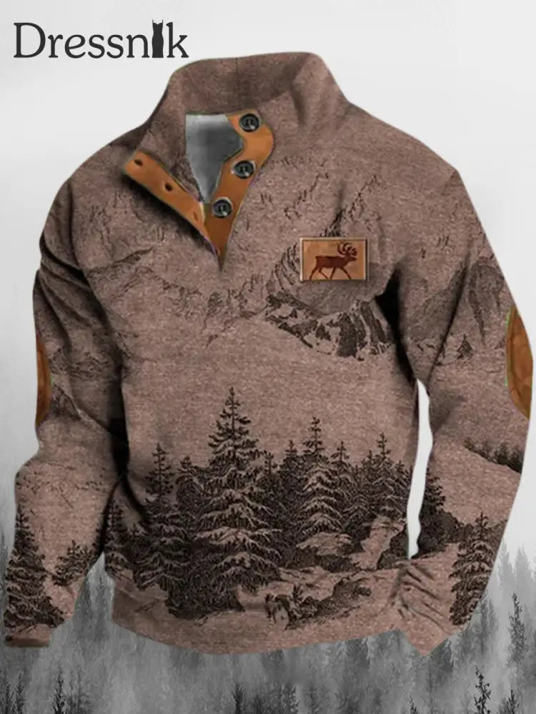 Herren Retro Elch Mountains Bedrucktes Stehkragen-Knopf Bündig Outdoor-Sweatshirt B / S