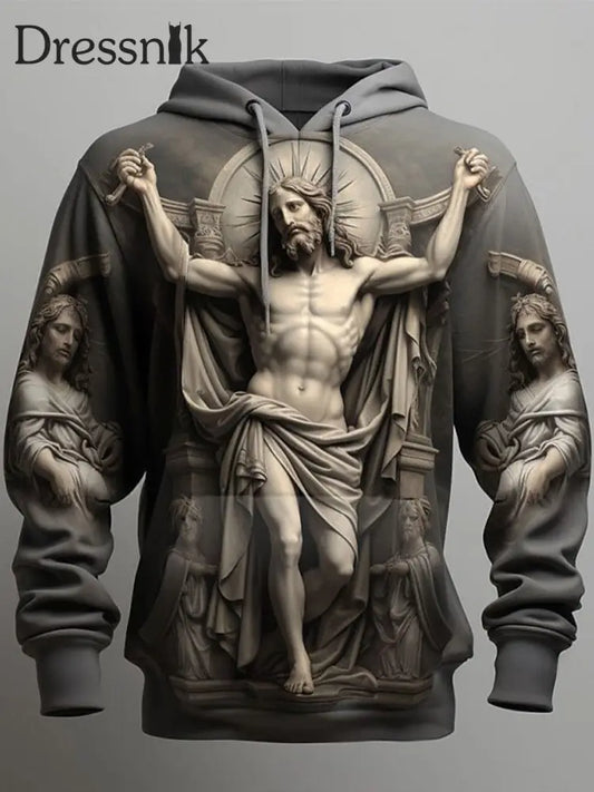 Herren Retro Faith Cross Mythologie Relief Print Lässiger Loser Outdoor-Kordel Zug Hoodie