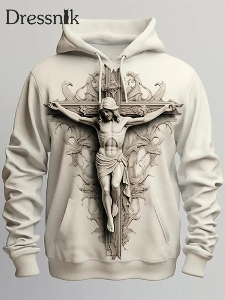 Herren Retro Faith Cross Mythologie Relief Print Lässiger Loser Outdoor-Kordel Zug Hoodie