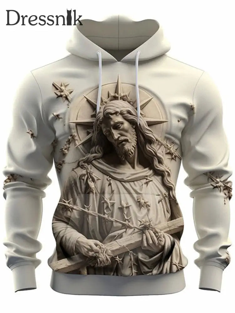 Herren Retro Faith Cross Mythologie Relief Print Lässiger Loser Outdoor-Kordel Zug Hoodie