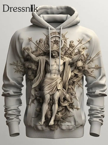 Herren Retro Faith Cross Mythologie Relief Print Lässiger Loser Outdoor-Kordel Zug Hoodie