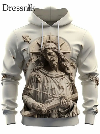 Herren Retro Faith Cross Mythologie Relief Print Lässiger Loser Outdoor-Kordel Zug Hoodie C / S