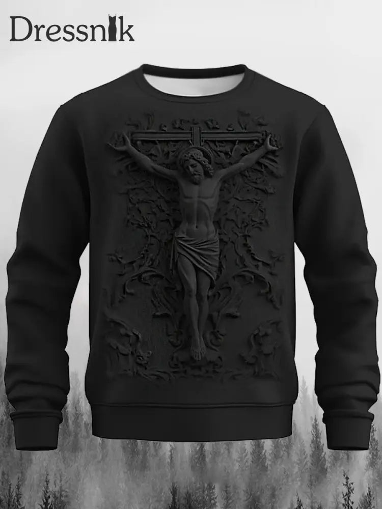 Herren Retro Faith Cross Relief Print Rundhals Ausschnitt Lässig Outdoor Sweatshirt B / S