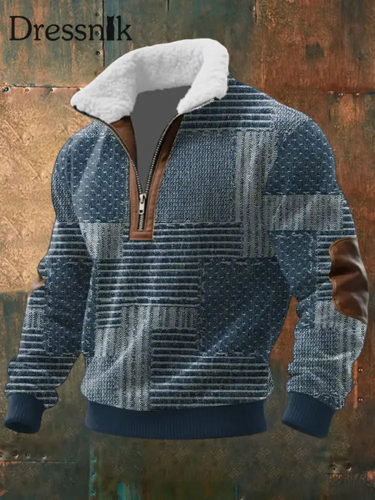 Herren Retro-Farb block druck Lässiger Pelz kragen Kapuzen pullover mit Reiß verschluss als bild / S