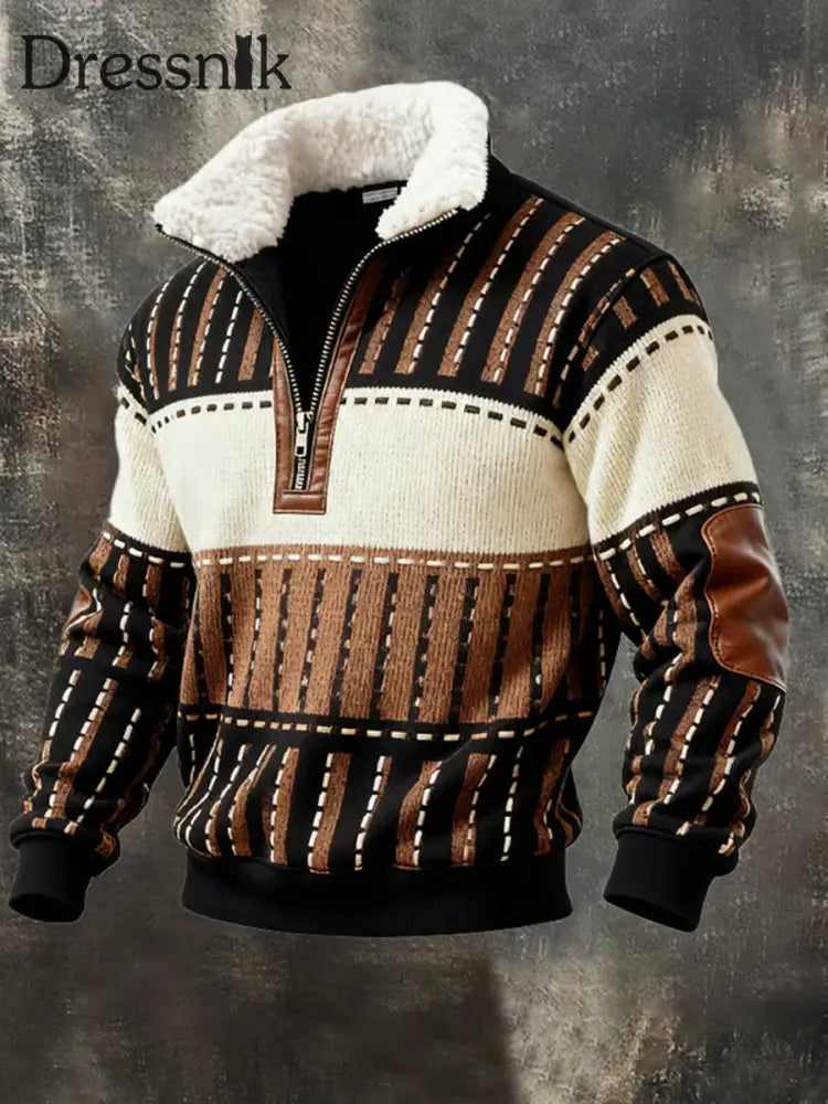 Herren Retro-Farb block druck Lässiger Pelz kragen Kapuzen pullover mit Reiß verschluss als bild / S