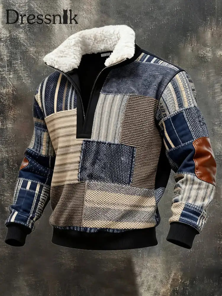 Herren Retro-Farb block druck Lässiger Pelz kragen Kapuzen pullover mit Reiß verschluss als bild / S