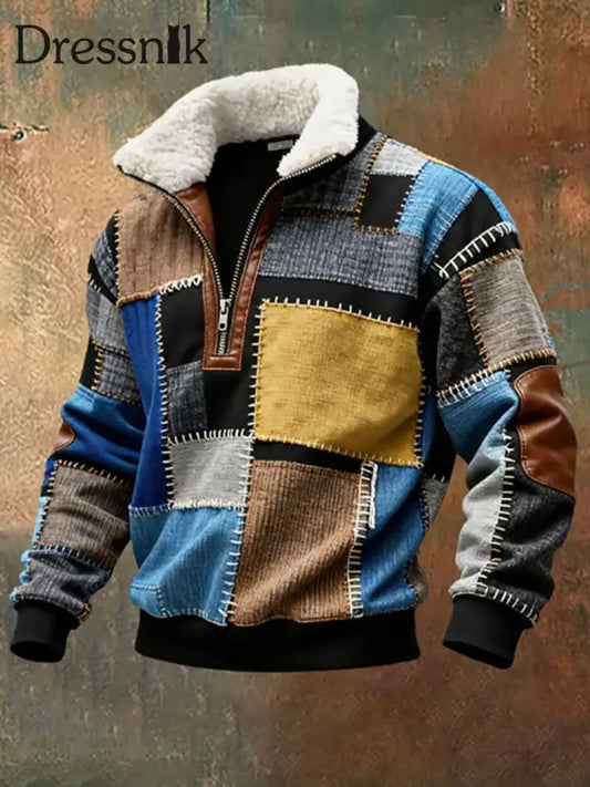 Herren Retro-Farb block druck Lässiges Pelz kragen Langarm Sweatshirt als bild / S