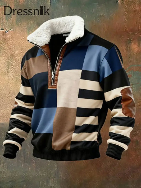Herren Retro-Farb block druck Lässiges Pelz kragen Langarm Sweatshirt als bild / S