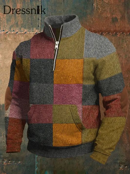 Herren Retro-Farb block druck Pullover mit Reiß verschluss als bild / S