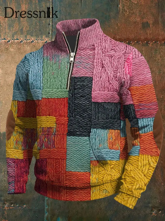 Herren Retro-Farb block druck Pullover mit Reiß verschluss als bild / S
