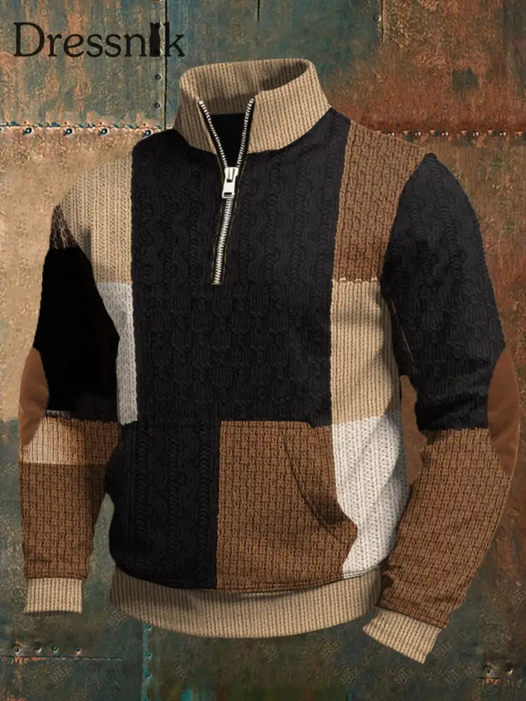 Herren Retro-Farb block druck Pullover mit Reiß verschluss Braun / S