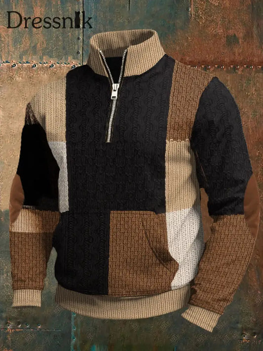 Herren Retro-Farb block druck Pullover mit Reiß verschluss Braun / S
