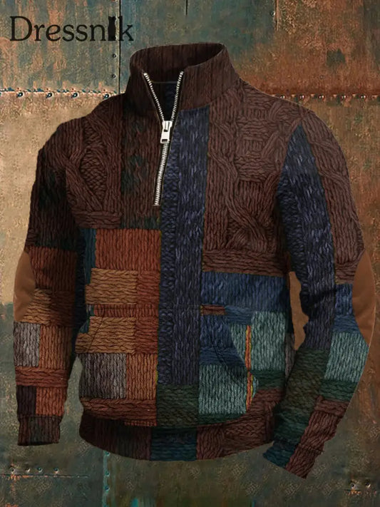 Herren Retro-Farb block druck Pullover mit Reiß verschluss Braun / S