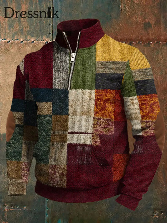 Herren Retro-Farb block druck Pullover mit Reiß verschluss Weinrot / S