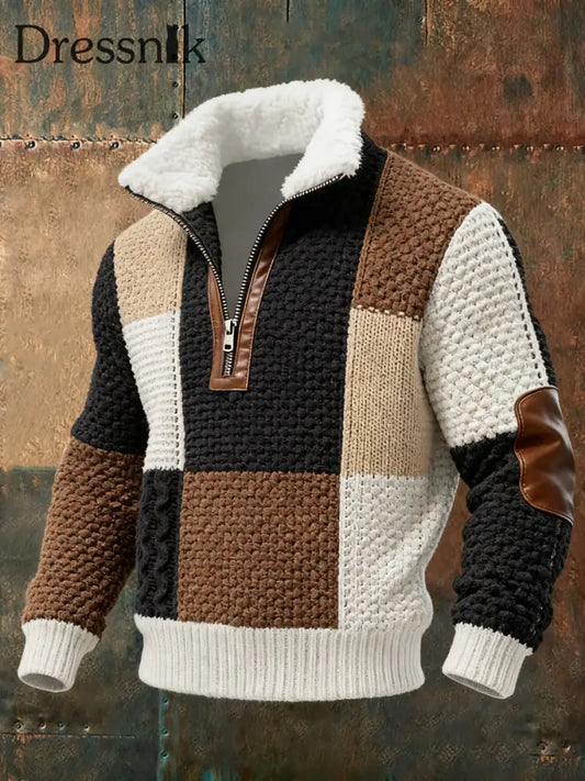 Herren Retro-Farb block gestrickter Muster druck lässiger Pelzkragen pullover Braun / S