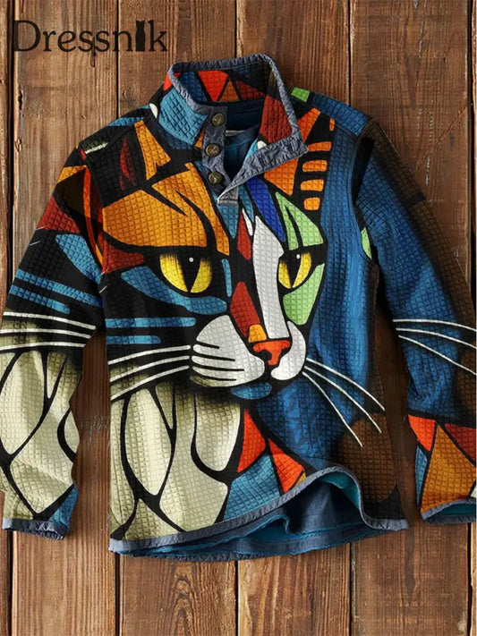 Herren Retro Farbe Kitten Kunstdruck Stand Kragen Pullover Freizeit Jacke