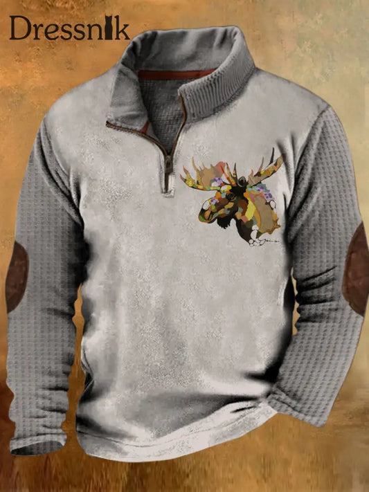 Herren Retro Farbenfrost Elch Graffiti Bedrucktes Ständer Kragen Knopf Bündig Outdoor Sweatshirt