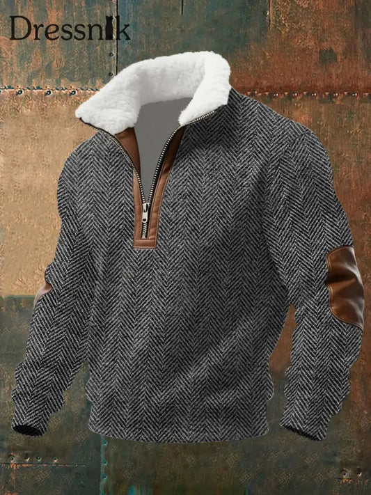 Herren Retro Fischgräten muster Pelz kragen mit Reiß verschluss Sweatshirt Dunkelgrau / S