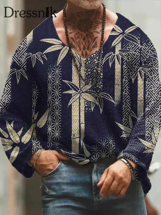 Herren Retro Floral Art Print V-Ausschnitt Langarm Pullover Dickes Top A / S