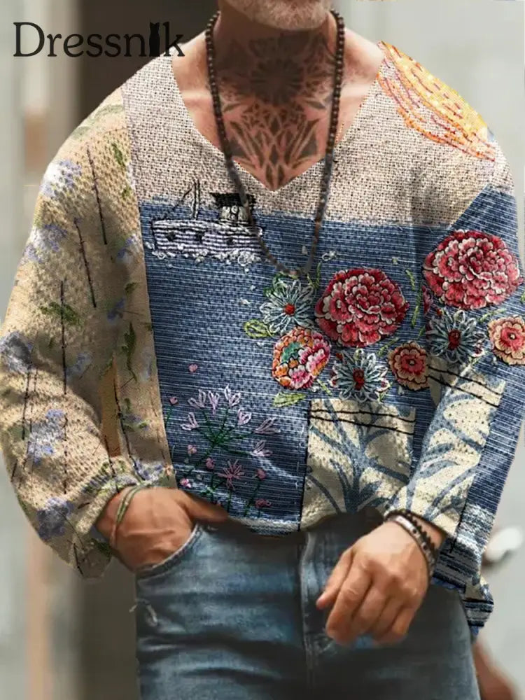 Herren Retro Floral Art Print V-Ausschnitt Langarm Pullover Verdickt Top A / S