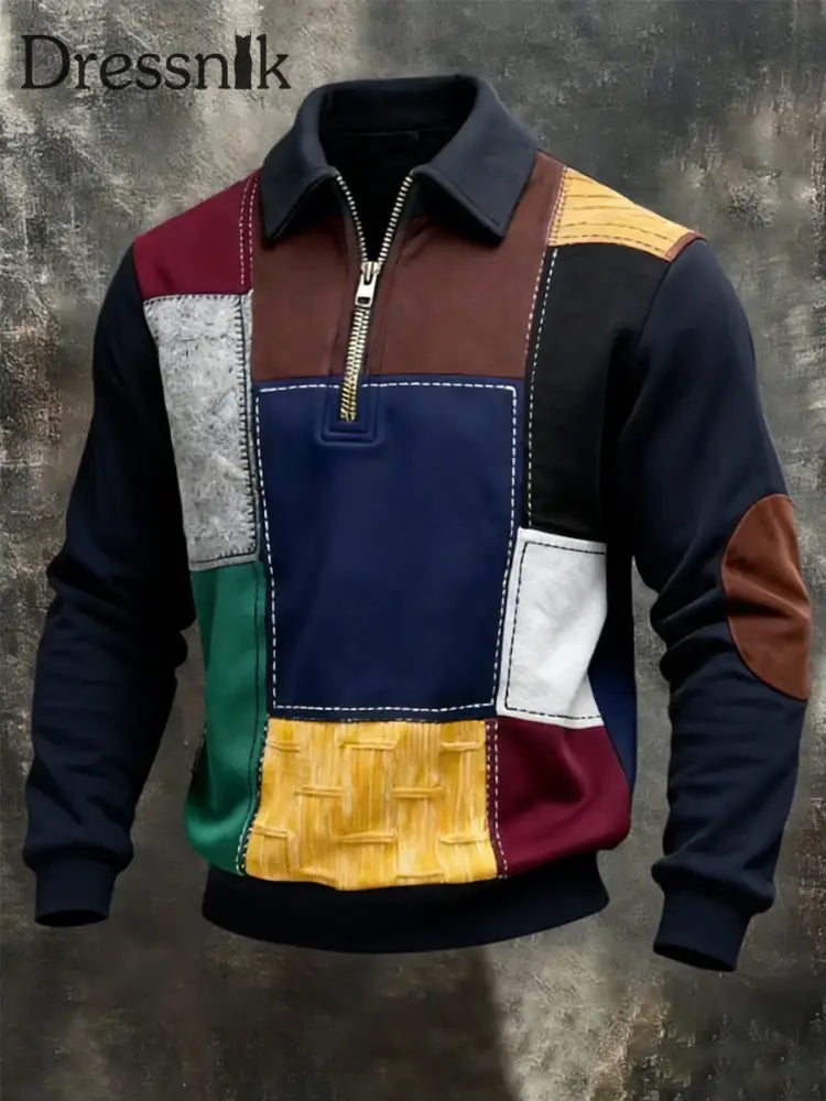 Herren Retro Geometrisches Color block Print Casual Half-Zip Sweatshirt Marineblau / S