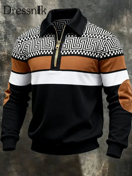 Herren Retro Geometrisches Color block Print Casual Half-Zip Sweatshirt Schwarz / S
