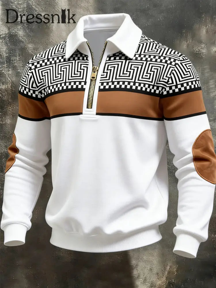 Herren Retro Geometrisches Color block Print Casual Half-Zip Sweatshirt Weiß / S