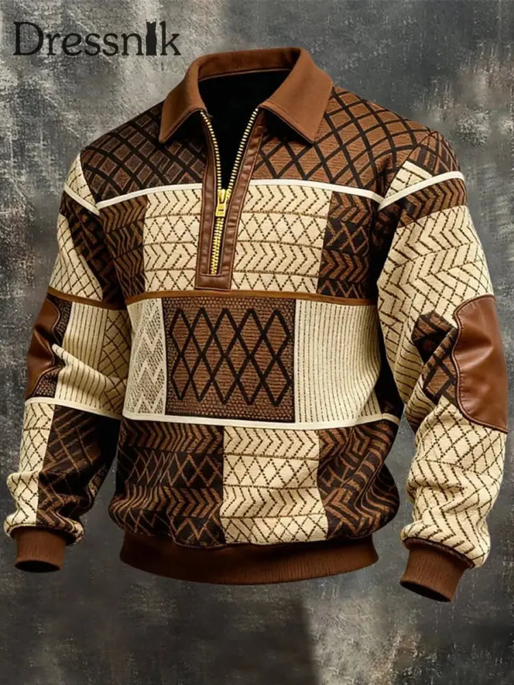 Herren Retro Geometrisches Print Casual Half-Zip Sweatshirt Braun / S