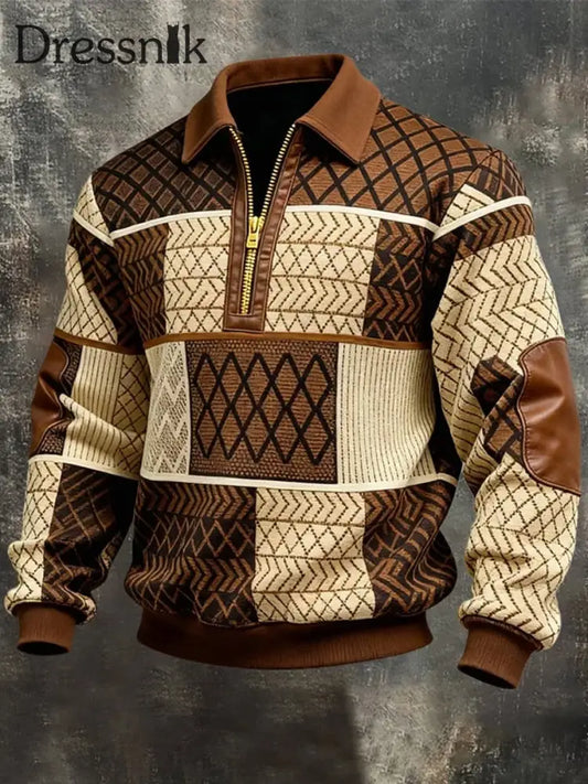 Herren Retro Geometrisches Print Casual Half-Zip Sweatshirt Braun / S