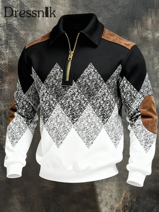 Herren Retro Geometrisches Print Casual Half-Zip Sweatshirt Schwarz und Weiß / S