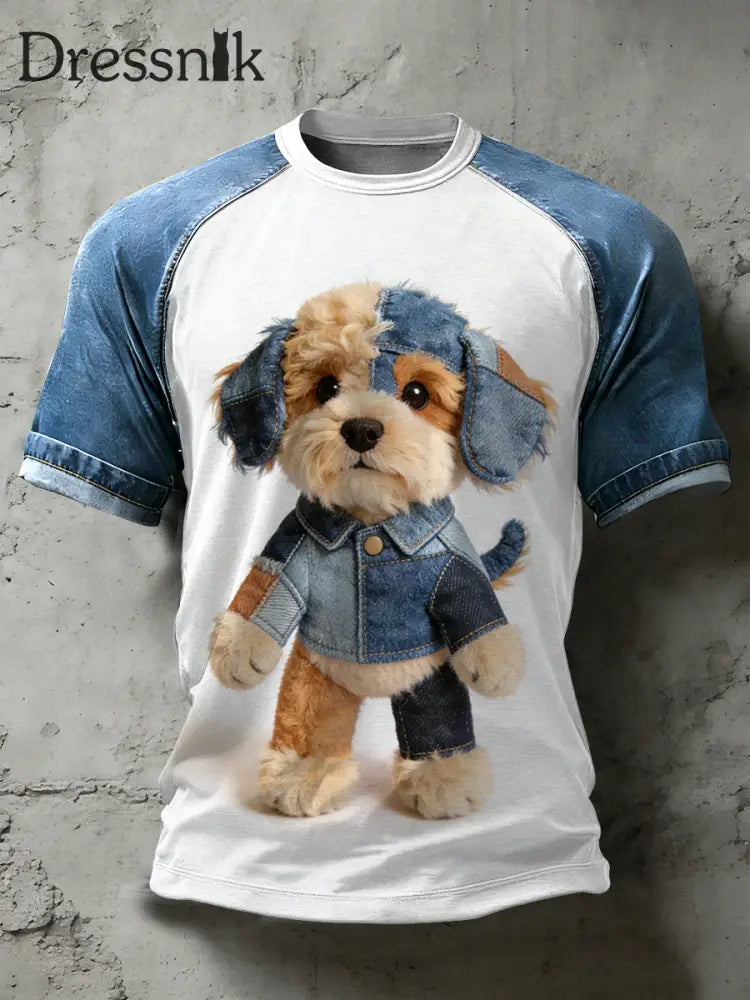 Herren Retro Hund Kunst Muster Patchwork Print lässig Kurzarm T-Shirt als bild / S