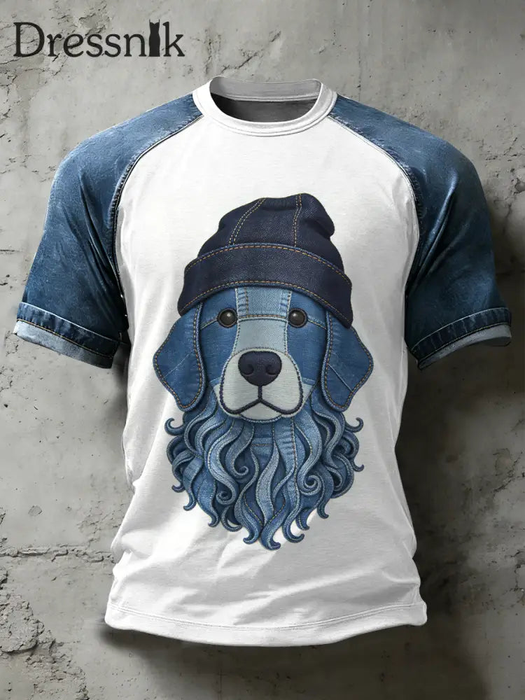 Herren Retro Hund Kunst Muster Patchwork Print lässig Kurzarm T-Shirt als bild / S