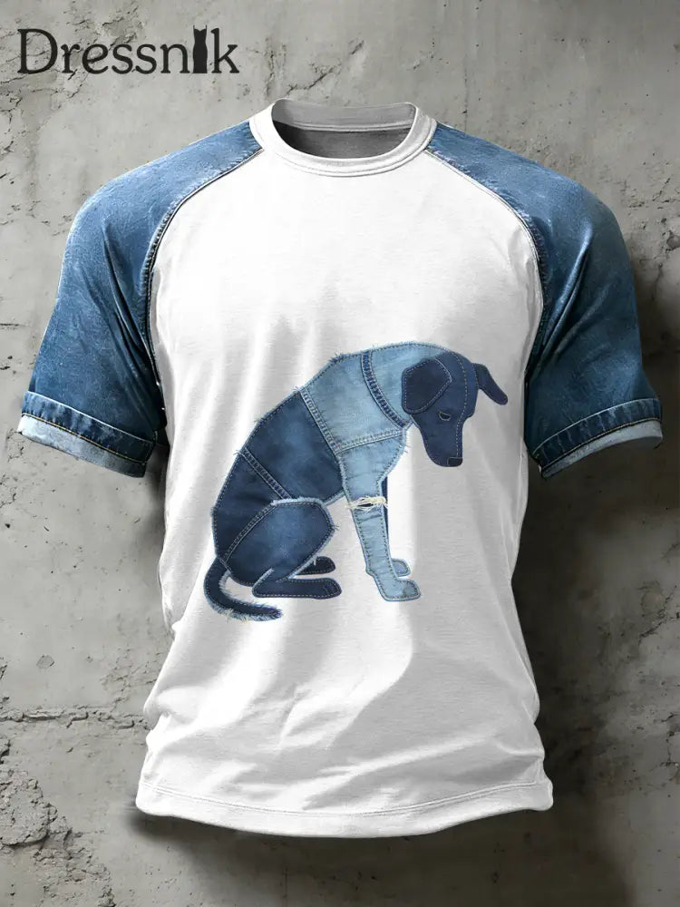 Herren Retro Hund Kunst Muster Patchwork Print lässig Kurzarm T-Shirt als bild / S