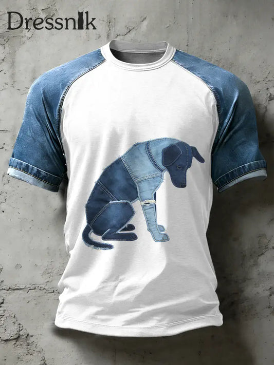 Herren Retro Hund Kunst Muster Patchwork Print lässig Kurzarm T-Shirt als bild / S
