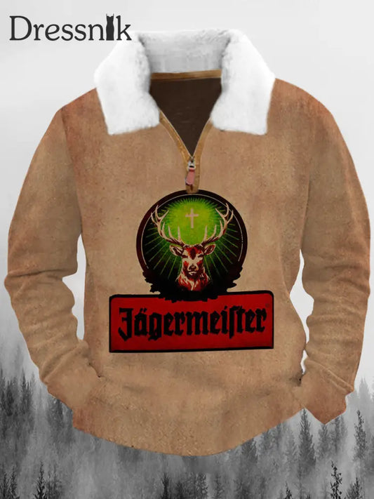 Herren Retro Jägermeister Druck Verdickter Pelz Kragen Reiß Verschluss Flush Outdoor Sweatshirt A