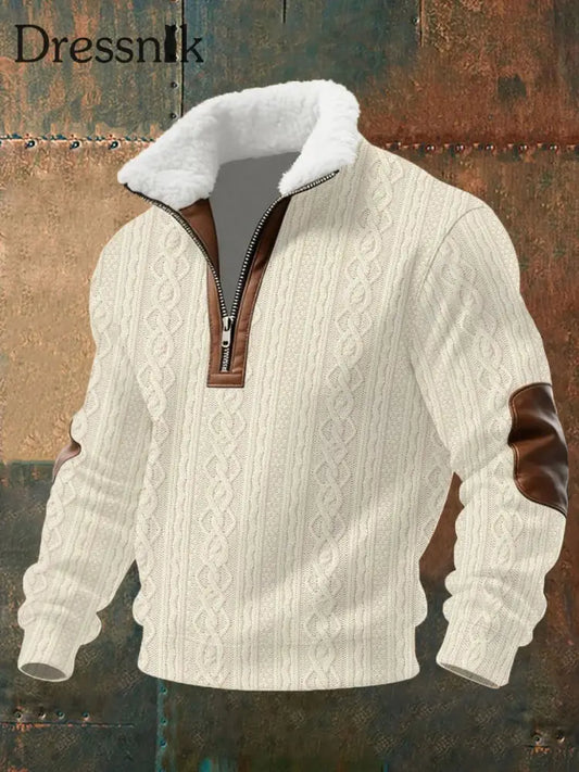 Herren Retro-Kabel muster Pelz kragen mit Reiß verschluss Sweatshirt Beige / S