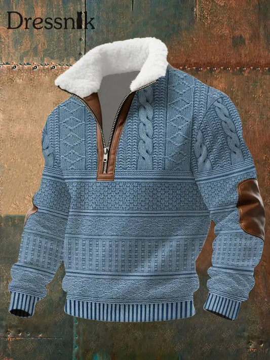 Herren Retro-Kabel muster Pelz kragen mit Reiß verschluss Sweatshirt blau / S