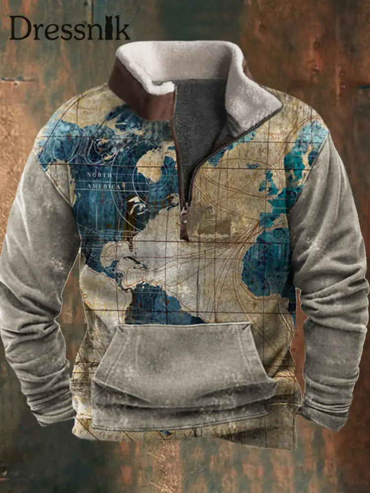 Herren Retro Karte Nordamerika Abenteuer Print Pelz kragen Reiß verschluss Flush Outdoor Sweatshirt A / S