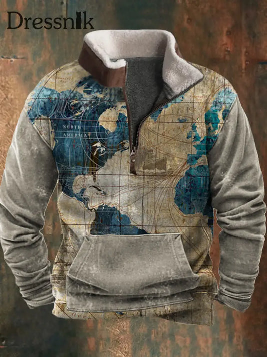Herren Retro Karte Nordamerika Abenteuer Print Pelz kragen Reiß verschluss Flush Outdoor Sweatshirt A / S