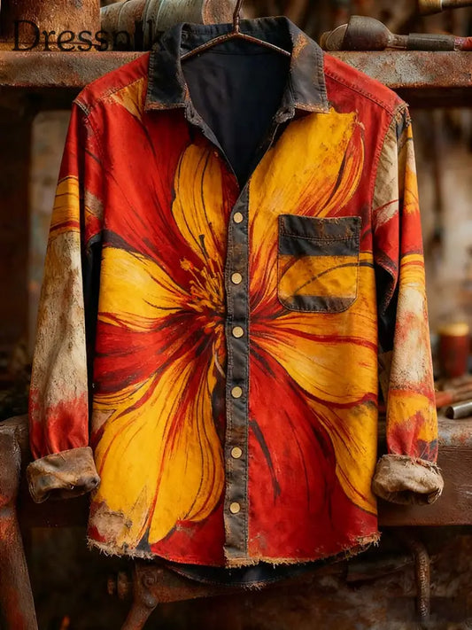 Herren Retro-Kunstdruck lässig bequemes Langarm-Hemd A / S