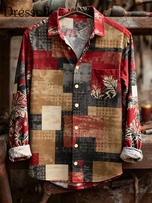 Herren Retro-Kunstdruck lässig bequemes Langarm-Hemd A / S